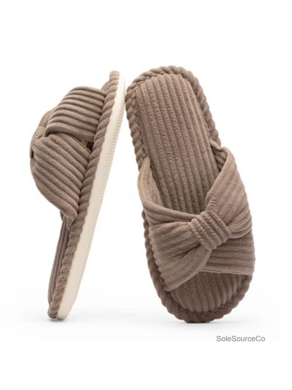 Open Toe Corduroy Bow Memory Foam Slippers Slides Cozy House Spa